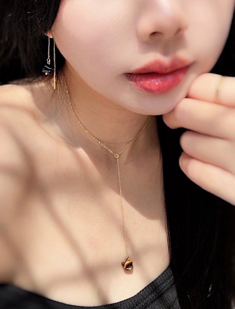 简约俐落线性 天然虎眼石 18k包金 原创手作小众 串珠耳环 项链 - 项链 - 宝石 咖啡色