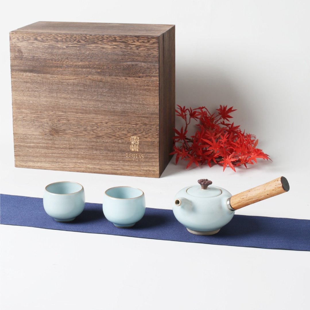 知己侧把茶组 汝窑天青 1壶2杯 茶具组 茶器 - 茶具/茶杯 - 陶 