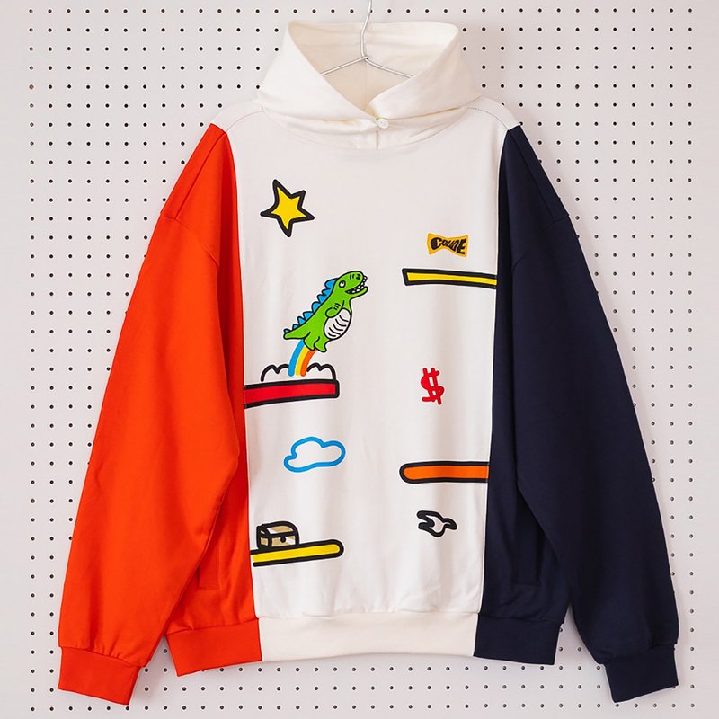 新款彩虹屁恐龍連帽衛衣 橘藍拼色 寬鬆Oversize 男女中性情侶款 - 中性连帽卫衣/T 恤 - 棉．麻 多色