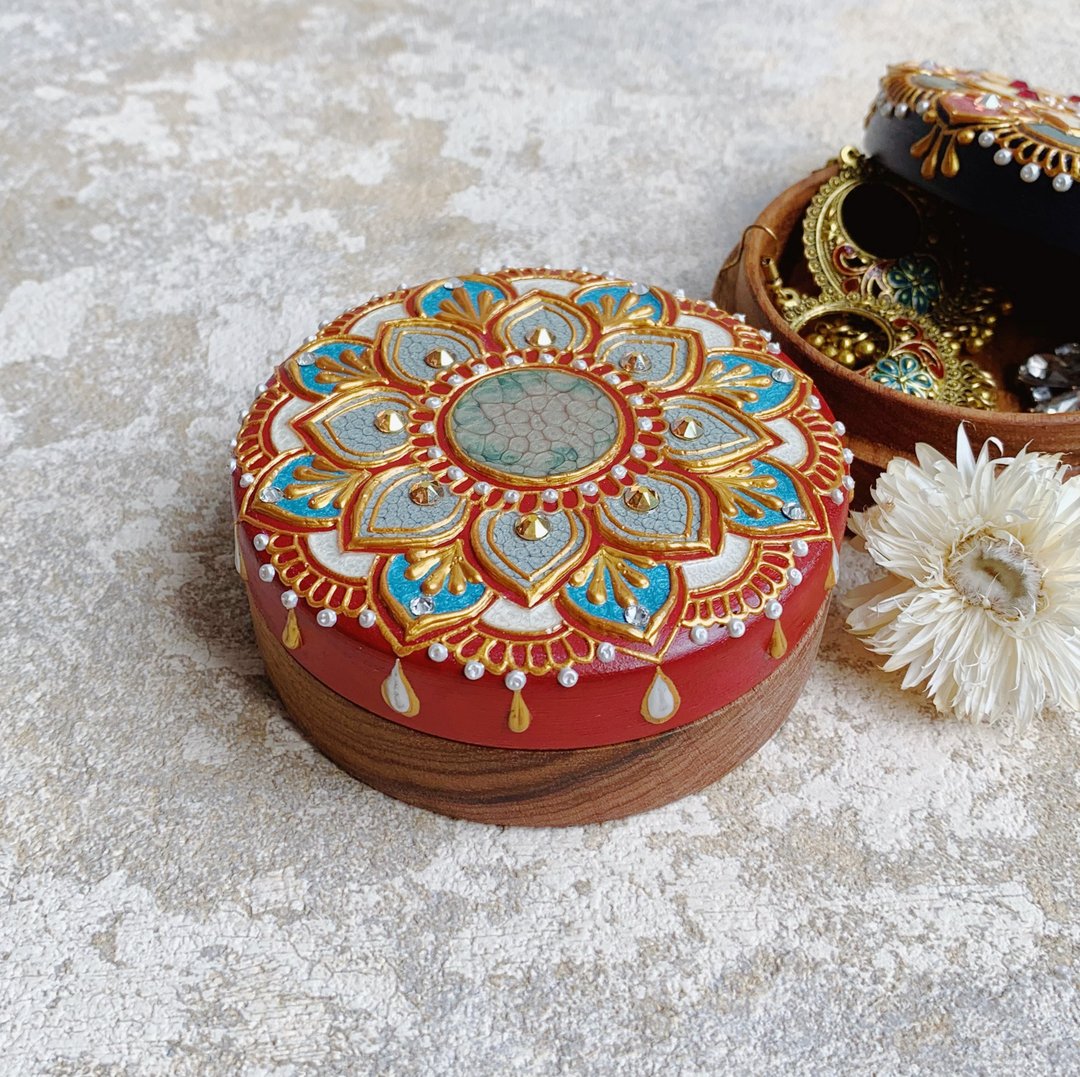 【雕花彩绘圆满掌心盒】HENNA/民族风/曼陀罗/摩洛哥/埃及/木盒 - 收纳用品 - 木头 红色