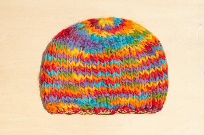 情人节礼物 限量一件手工编织纯羊毛帽/ 编织帽 / 针织毛帽 / 内刷毛手织毛帽 / 毛线帽 - 粗线彩虹色 羊毛毛帽 - 帽子 - 羊毛 多色