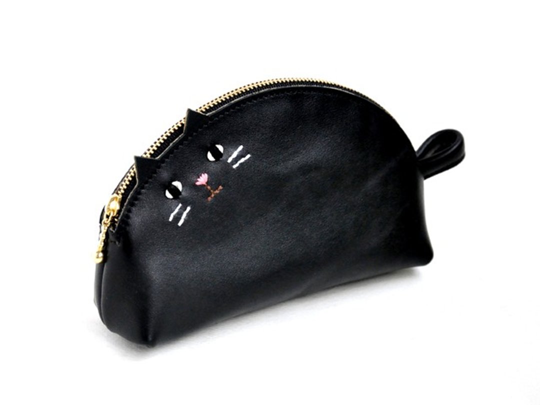 Cat-shaped pouch　Black cat - 化妆包/杂物包 - 真皮 黑色