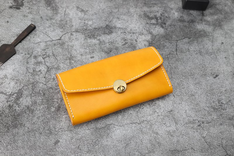 【切線派】回憶信封大容量真皮手工定制拼接撞色長款錢包手拿包 - 手拿包 - 真皮 黄色