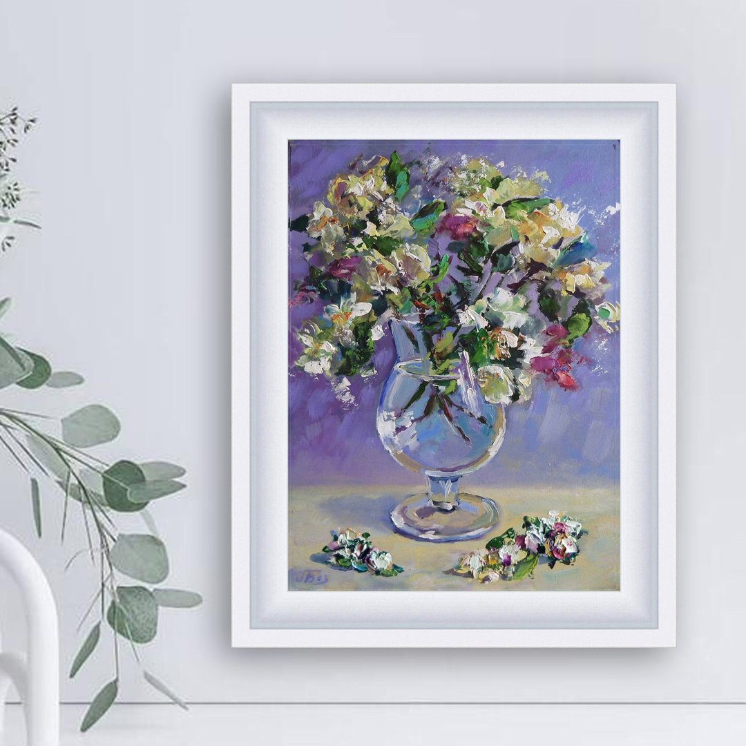 用鲜花绘画、白花画、原创花艺、花束画、油画白花 - 海报/装饰画/版画 - 其他材质 紫色