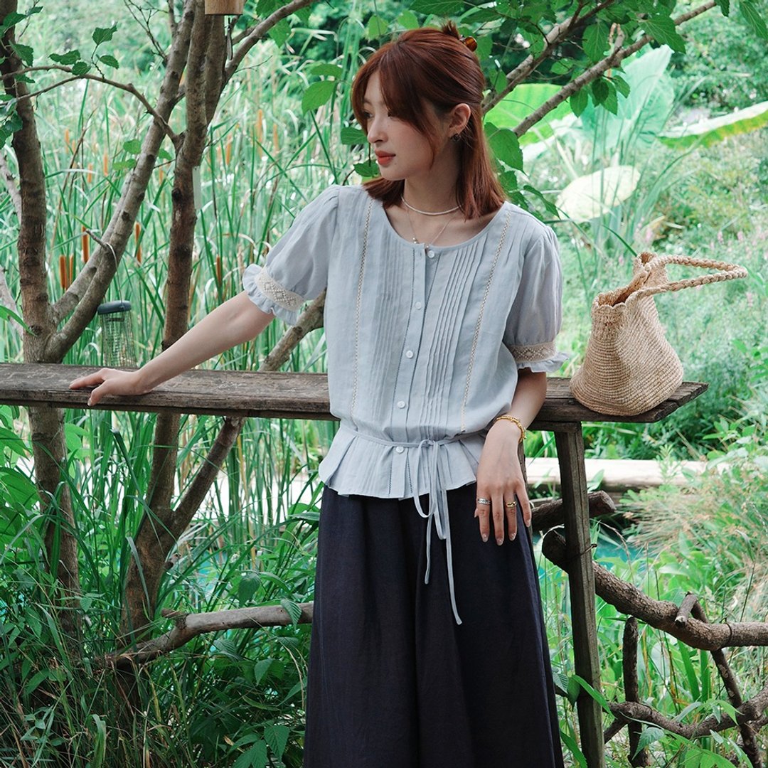 蓝色苎麻系带衬衫|衬衫|夏款|Sora-1856 - 女装衬衫 - 棉 蓝色