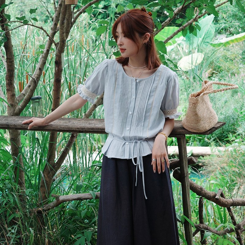 蓝色苎麻系带衬衫|衬衫|夏款|Sora-1856 - 女装衬衫 - 棉．麻 蓝色