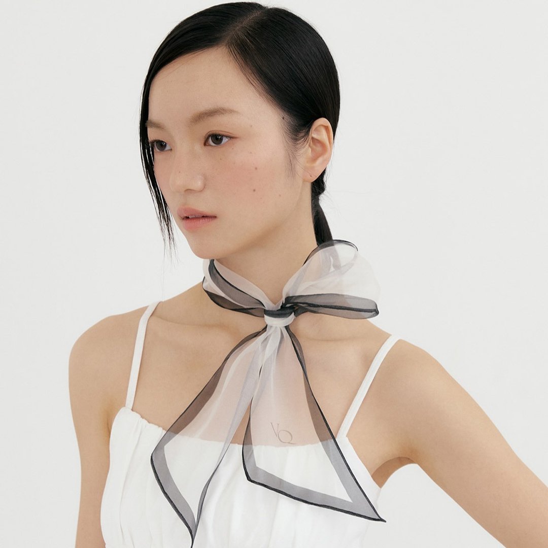 【Ven & Qu】丝质纱 Aura 围巾 象牙黑色 10×115 厘米 - 丝巾 - 丝．绢 白色
