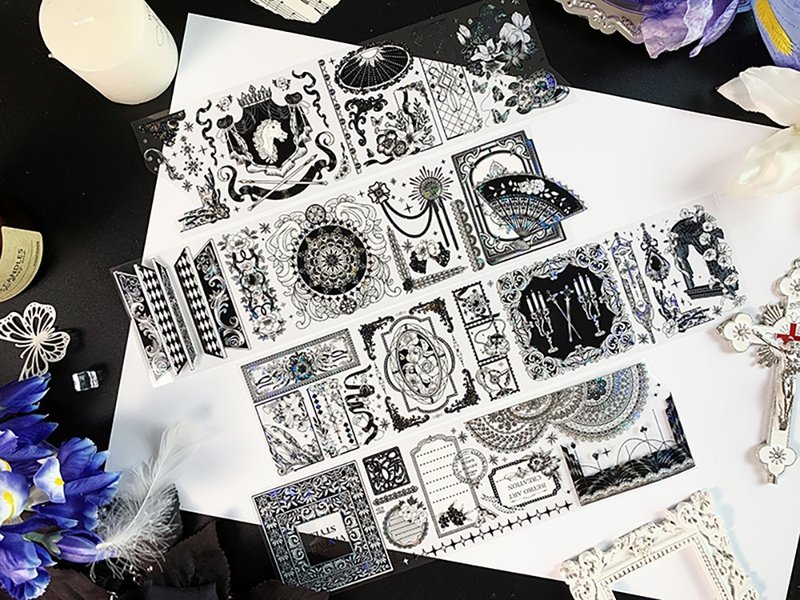 黑白复古 PET 纸胶带 貝殼光 - 纸胶带 - 其他材质 黑色