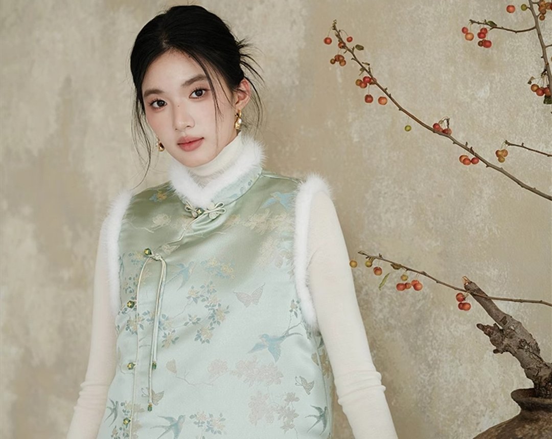 新中式復古 水貂毛立领提花背心 - 女装背心 - 聚酯纤维 绿色