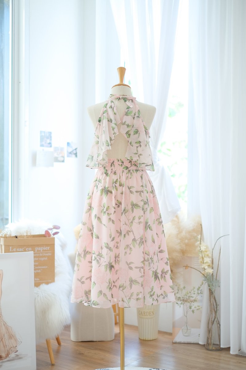 碎花洋装 粉色洋装 露背短洋装 海滩度假洋装 - 晚装/礼服 - 聚酯纤维 粉红色