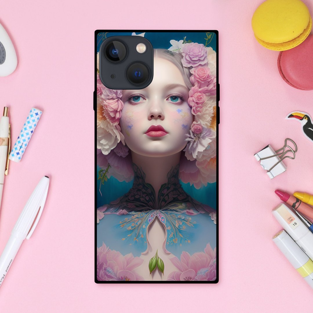 梦幻花朵与可爱女孩方形手机壳【强化玻璃处理】适用于 iPhone16 - 手机壳/手机套 - 塑料 多色