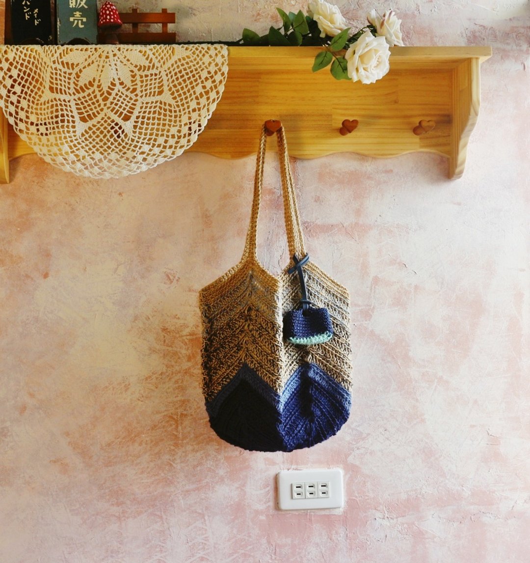 【完售】Handmade手工编织/黄麻绳编织/购物袋/肩背包/麻绳包 - 手提包/手提袋 - 棉 蓝色