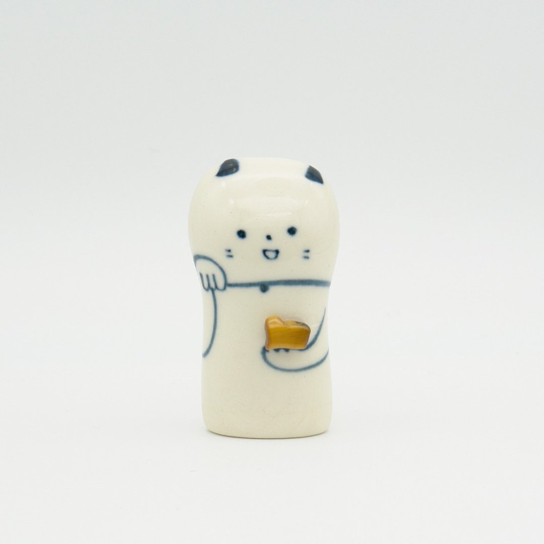 Handmade porcelain doll Maneki-neko with tiger eye - 摆饰 - 瓷 白色