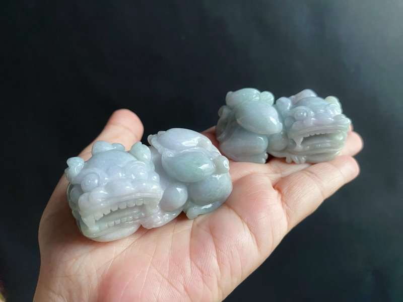 孤品 天然缅甸玉 翡翠 淡紫带蓝灰 貔貅一对 招财镇宅守护 小摆件 - 其他 - 玉石 绿色