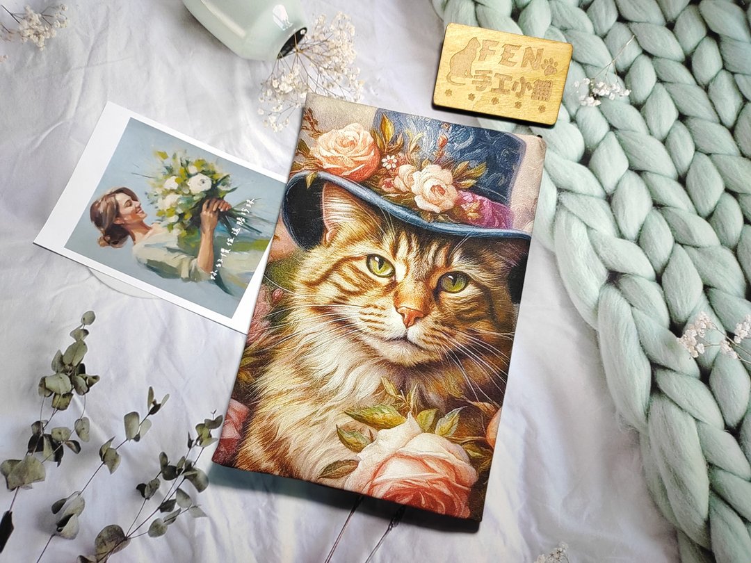 猫咪系列-薄棉布油画风华丽花帽猫咪布书套-布书衣可适用A5-25K - 书衣/书套 - 棉．麻 
