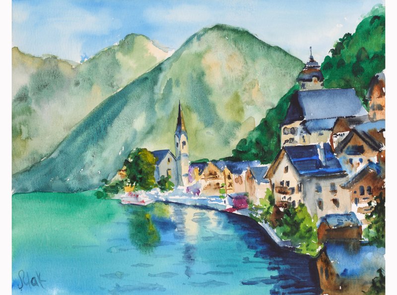 Austria Painting Salzburg Original Watercolor Landscape Mountain Artwork Lake - 海报/装饰画/版画 - 纸 蓝色