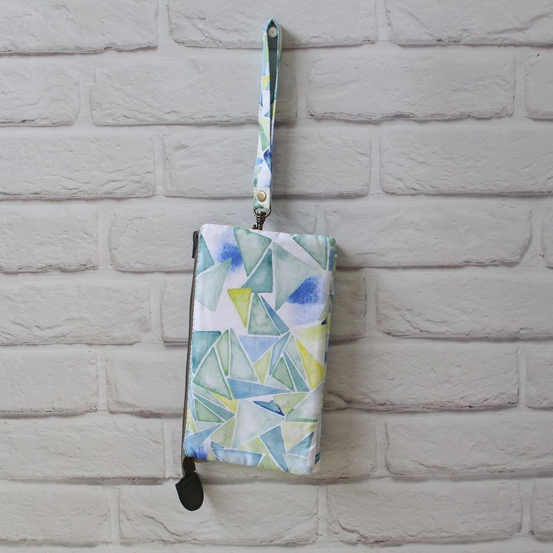 水彩几何三角形(长款 附手腕带) / 收纳袋 手机包 - 皮夹/钱包 - 棉．麻 绿色