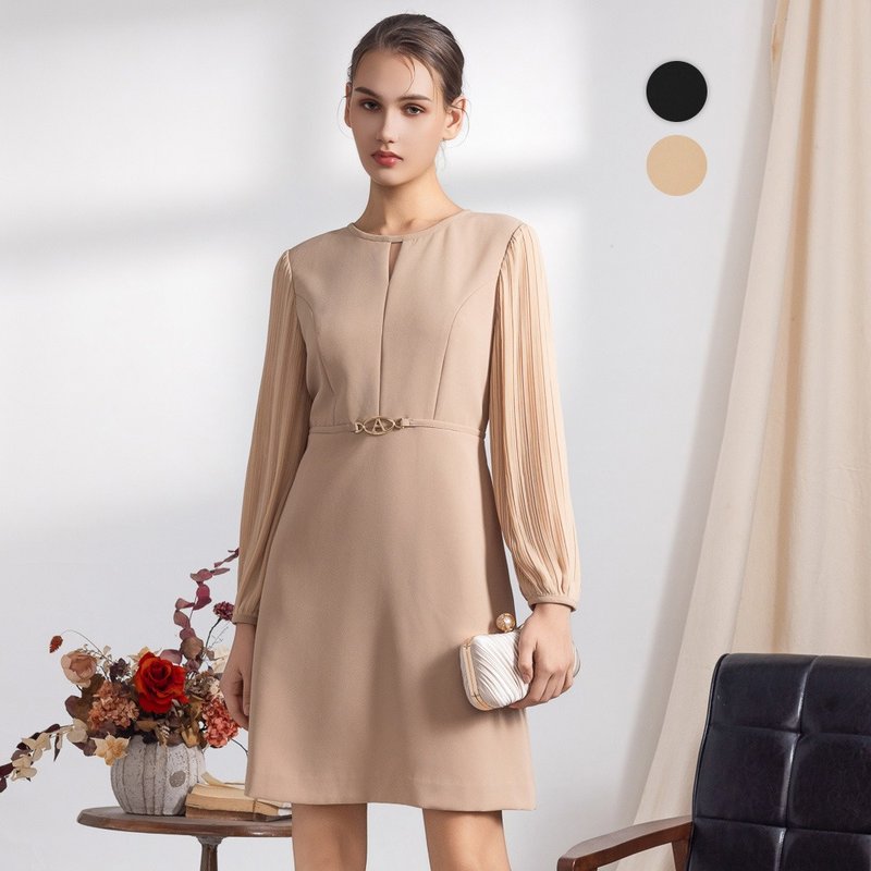 【MEDUSA】百褶袖设计感剪裁修身洋装(M-XL) | 短洋装 上班洋装 - 洋装/连衣裙 - 其他人造纤维 卡其色