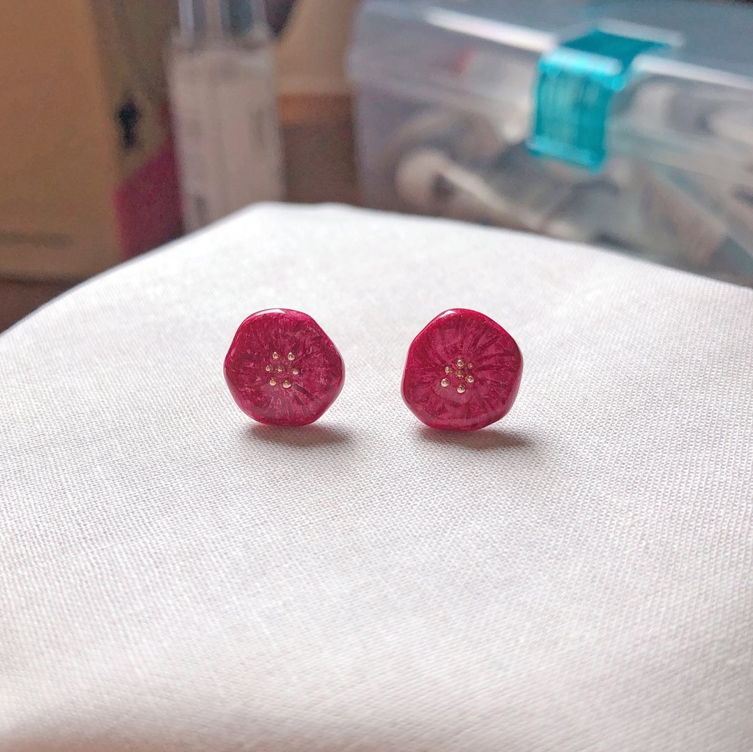 椿花 软陶 手工耳环、耳针 - 耳环/耳夹 - 粘土 红色