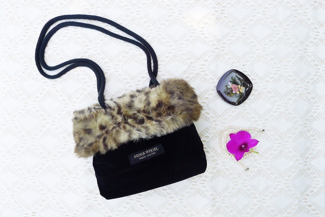 90s SONIA RYKIEL Night and Day Shoulder bag / Black velvet and Leopard Fur bag - 侧背包/斜挎包 - 聚酯纤维 黑色