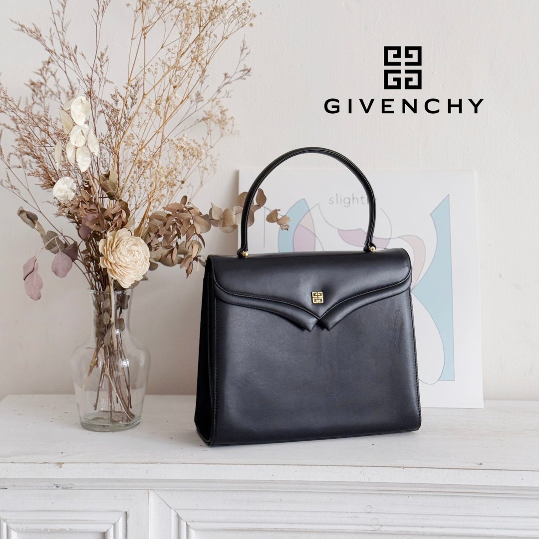 美品 Givenchy Vintage 纪梵希日制黑色真皮弧线翻盖古董手提包 - 手提包/手提袋 - 真皮 黑色