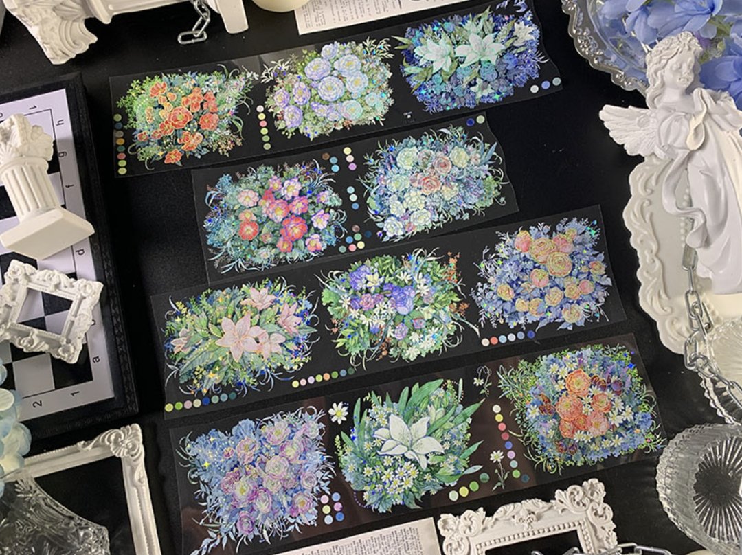 纷纷花隐 復古清麗花卉集 PET 纸胶带 鐳射銀 - 纸胶带 - 塑料 多色