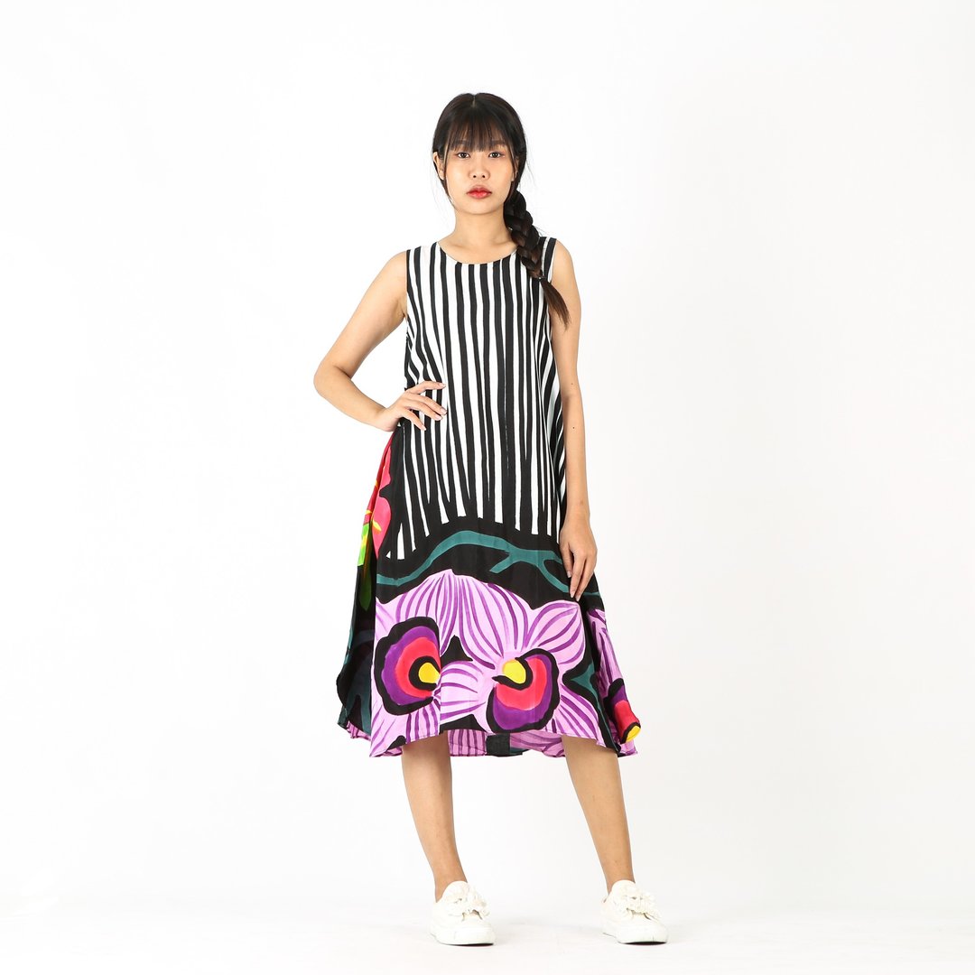 Sac Sleeveless Dress Soft Cotton Silk Hand Paint for Holiday - 洋装/连衣裙 - 棉．麻 黑色
