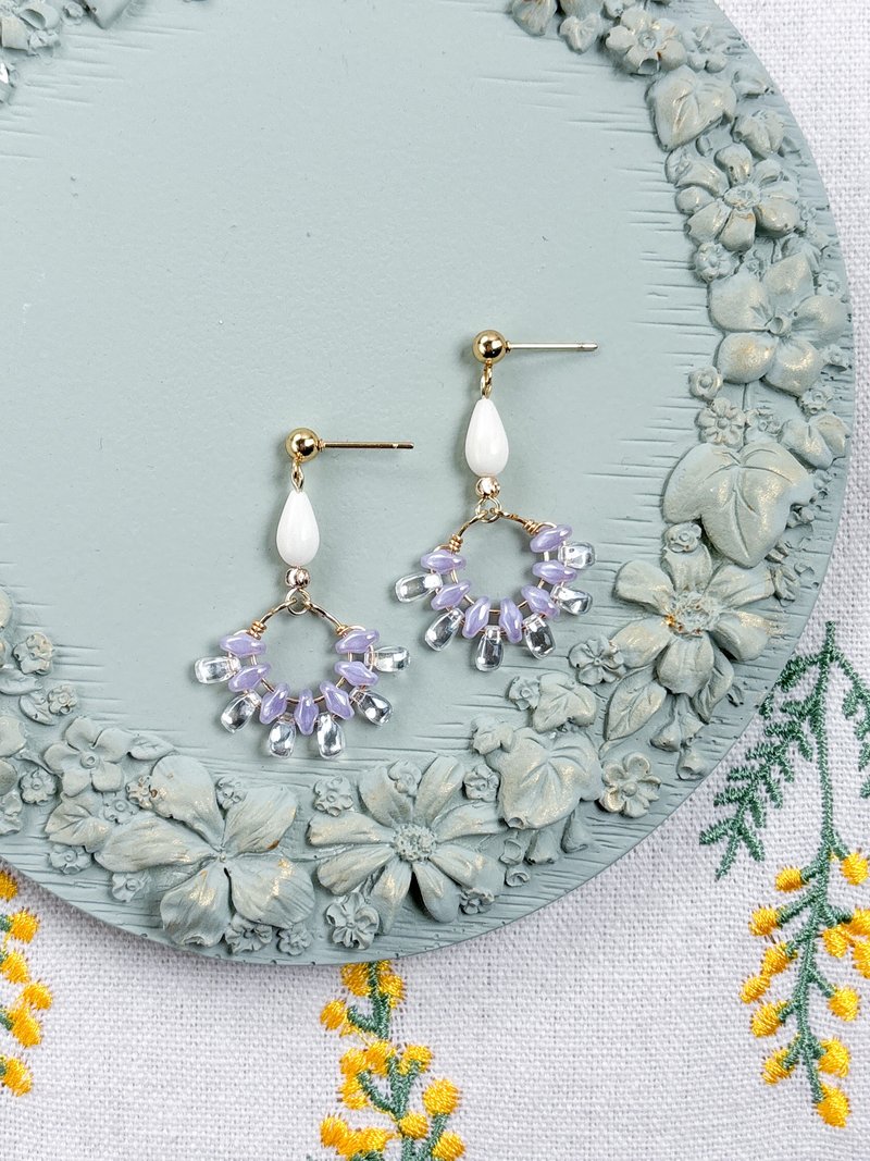 日式串珠-贝壳烟火花耳环-淡紫+透明日本珠 - 耳环/耳夹 - 其他材质 紫色