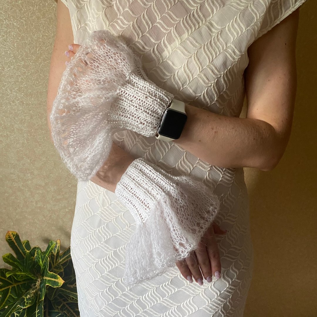 可拆式袖口 轻盈马海毛 手工编织 新娘配件 婚礼 袖子 长款 - 手套 - 羊毛 白色