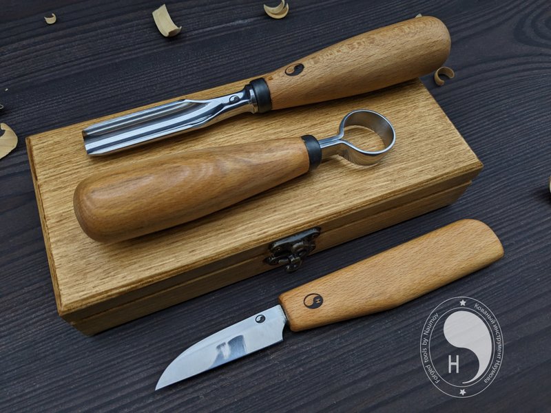 手工锻造木勺雕刻工具套组：木雕刀与圆凿 - 零件/散装材料/工具 - 其他金属 银色