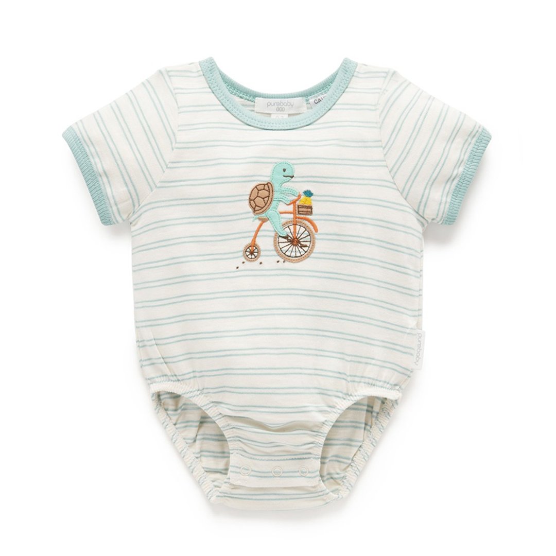 澳洲Purebaby有机棉婴儿短袖包屁衣/新生儿 连身衣 乌龟条纹 - 包屁衣/连体衣 - 棉．麻 