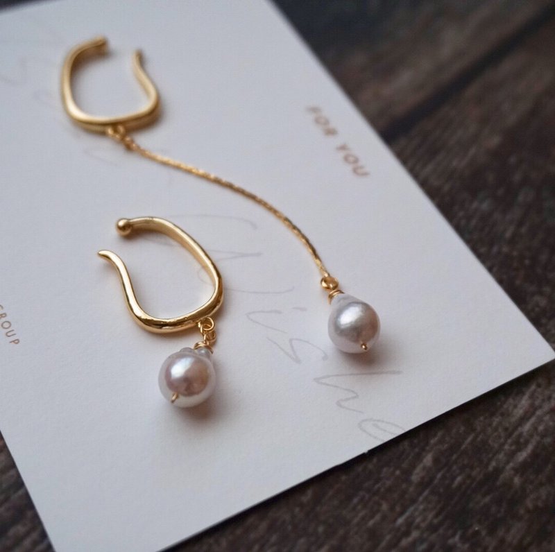 秋冬法式简约小优雅风格天然珍珠不对称耳挂无耳洞可佩戴tasaki风 - 耳环/耳夹 - 珍珠 