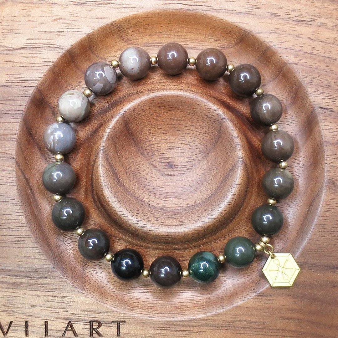VIIART。春泥。阿拉善玛瑙黄铜手环|天然石大地色系串珠手链手环 - 手链/手环 - 铜/黄铜 咖啡色