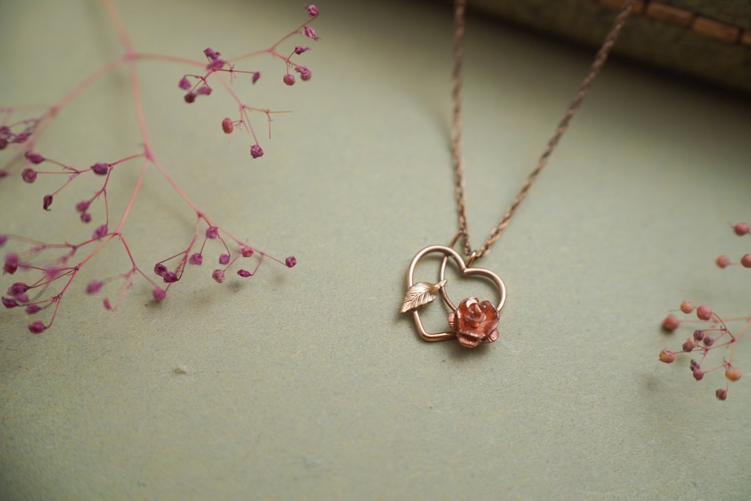 1960年代美国古董品牌Krementz心型玫瑰14k包金项链 - 项链 - 玫瑰金 金色