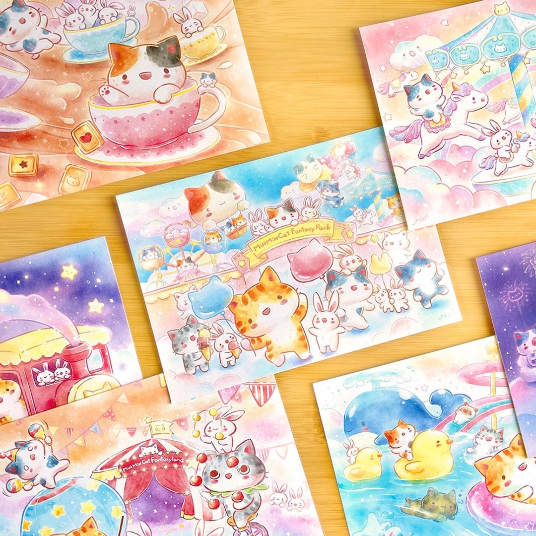 秘密猫 游乐园系列 水彩风插画明信片  (共 13 款) - 卡片/明信片 - 纸 多色