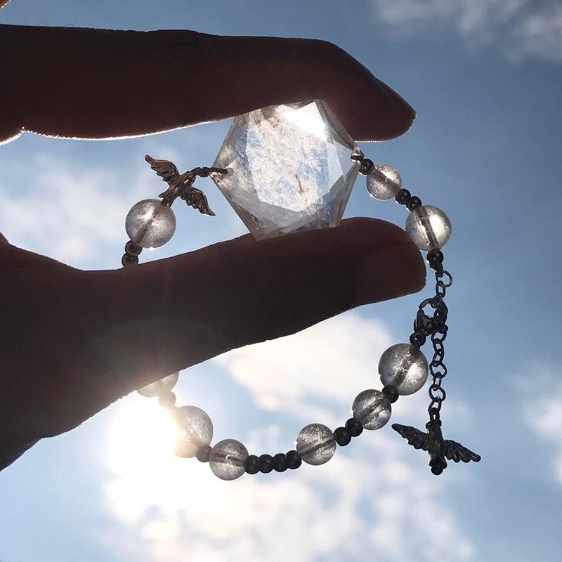 【Lost and find】天然石 飞鸟 雾 白水晶 六芒星 手链 - 手链/手环 - 宝石 白色