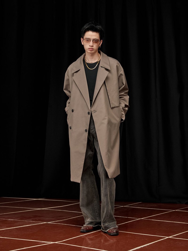 【神探】长绒棉双排扣/翻领战壕风衣 - 男装外套 - 聚酯纤维 卡其色