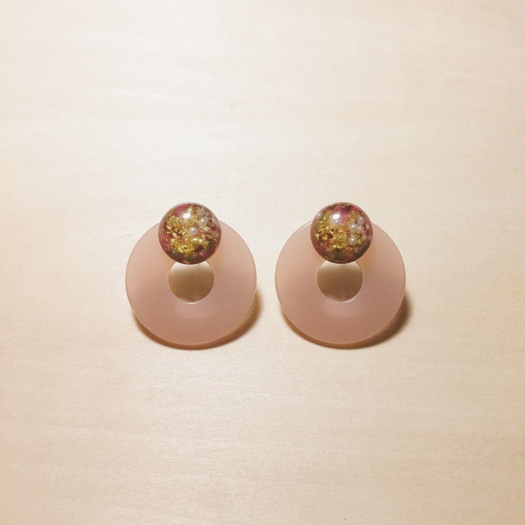 复古深粉金箔珍珠镂空大圆耳环 - 耳环/耳夹 - 树脂 粉红色