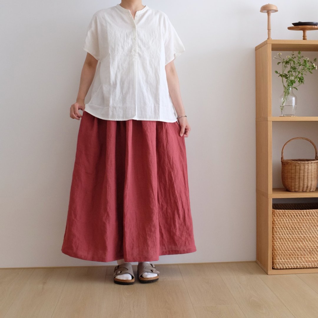 日常手作服 夏日童话 莓红色皱皱长裙 水洗亚麻 - 裙子 - 棉 红色