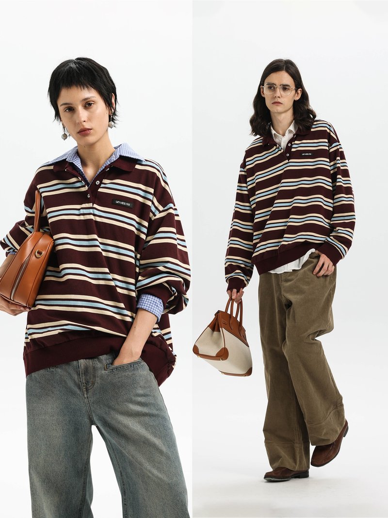 复古学院撞色条纹polo衫定织罗纹长袖上衣Unvesno(UN) - 男装上衣/T 恤 - 其他材质 