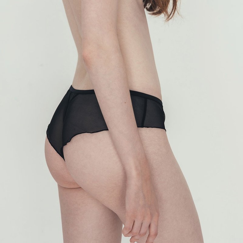 ornoir.co 黑色Cheeky半包臀纱网拼接纯绵内衬荷叶边少女内裤 - 女士内衣裤 - 聚酯纤维 黑色