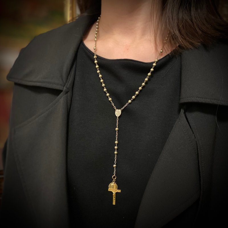 法国黄铜珠玫瑰经十字架念珠 - 项链 - 铜/黄铜 金色
