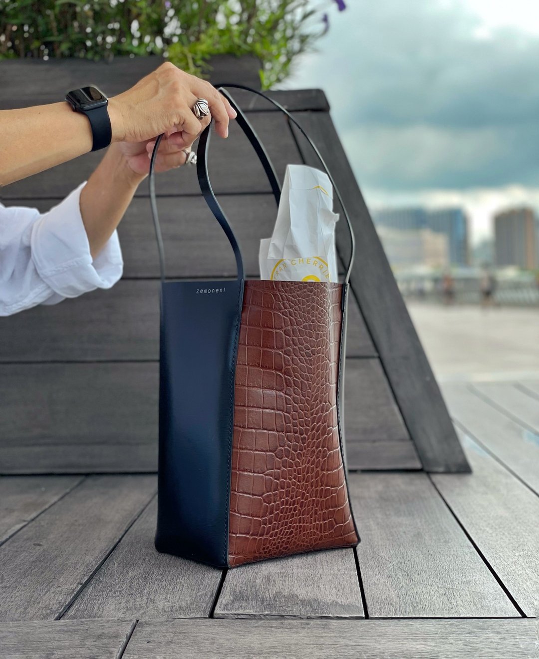 zemoneni 交错手把 托特包 侧背包 手拎包 tote 黑 + 咖啡 - 侧背包/斜挎包 - 真皮 黑色