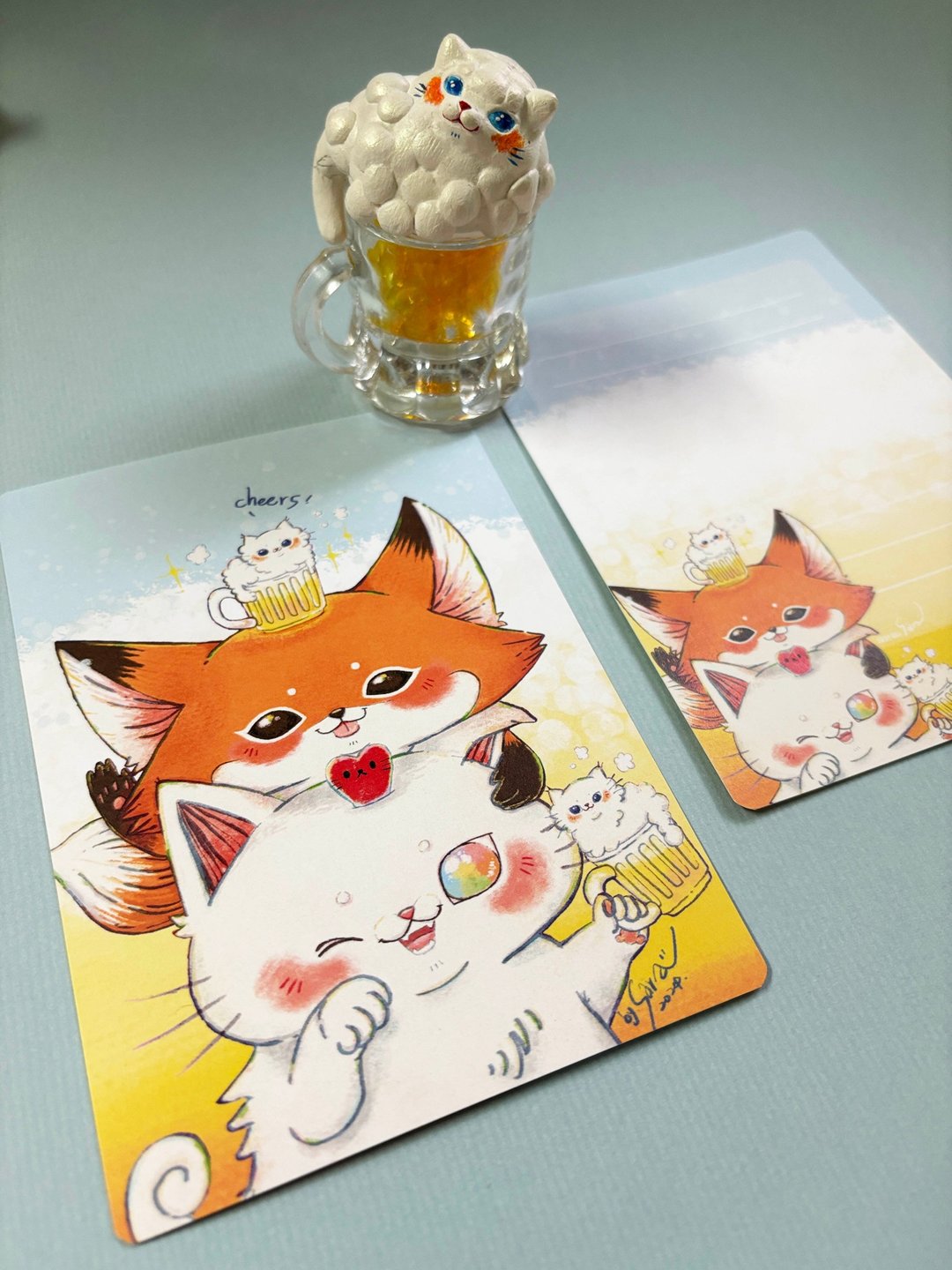 Hellog!小雀班-干杯-300象牙卡圆角双面明信片 - 卡片/明信片 - 纸 橘色