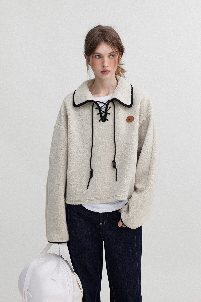 日系复古 / 大翻领柔软系带卫衣 / 羊羔毛 - 女装上衣 - 其他材质 多色