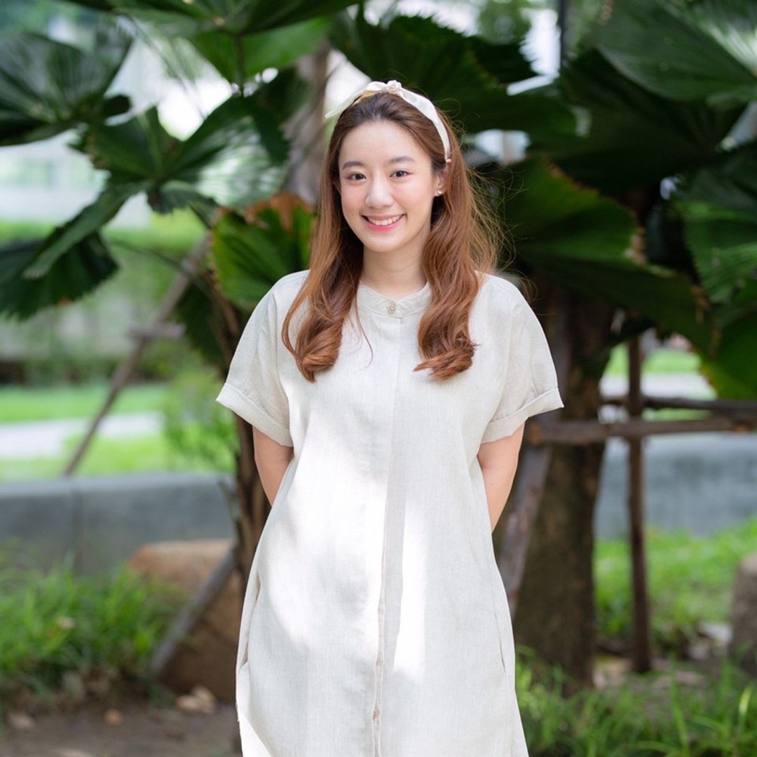 Mandarin Collar With Short Folded Sleeves Dress : Natural - 洋装/连衣裙 - 棉 卡其色