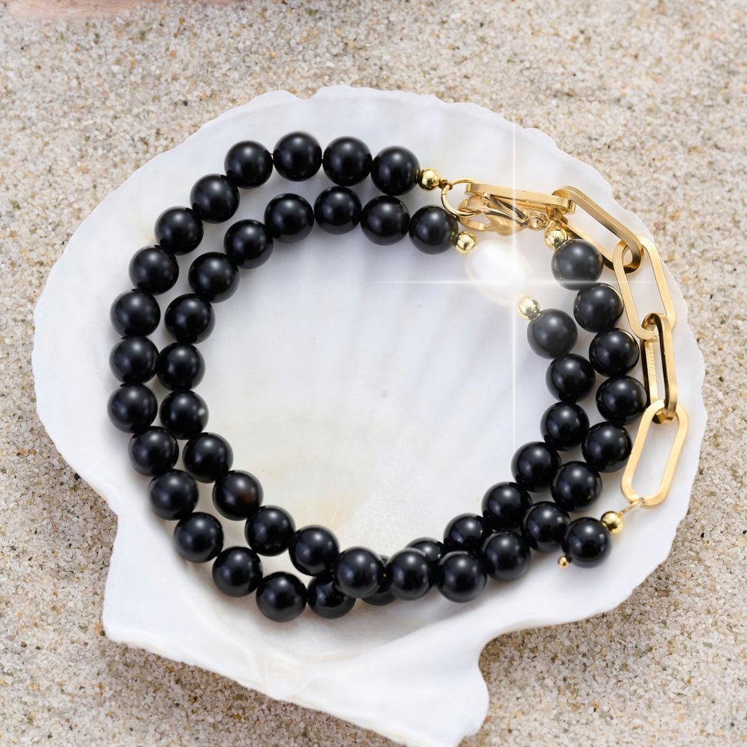 天然黑玛瑙珍珠项链 10-11mm 金色延长链 时尚简洁 生日礼物 - 项链 - 珍珠 黑色