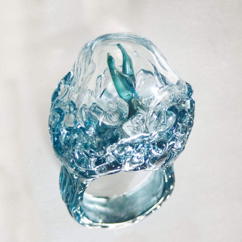 海洋浪涛 宽版粗犷戒指 - 戒指 - 玻璃 蓝色