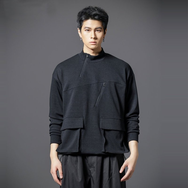 品立领套头解构卫衣  男士可收缩下摆上衣 - 中性连帽卫衣/T 恤 - 棉．麻 黑色