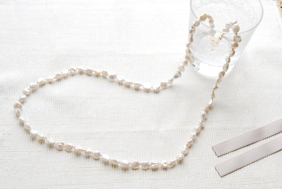 Baroque poppy Pearl Long necklace 2waytype White - 项链 - 宝石 白色
